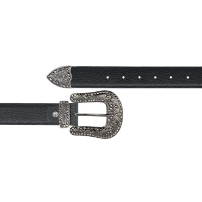 Black designer cowboy belt with rhinestone buckle 1