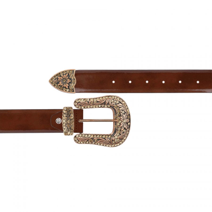 Brown patent leather belt with copper rhinestone buckle 1