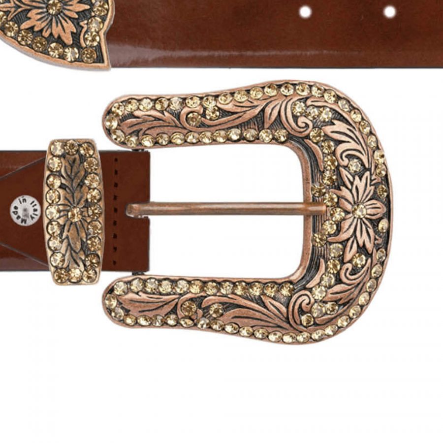 Brown patent leather belt with copper rhinestone buckle copy