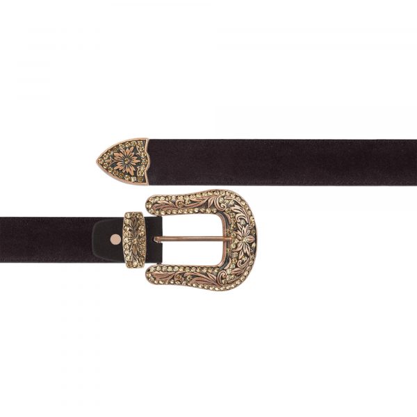 Brown suede cowgirl rhinestone belt with copper buckle 1