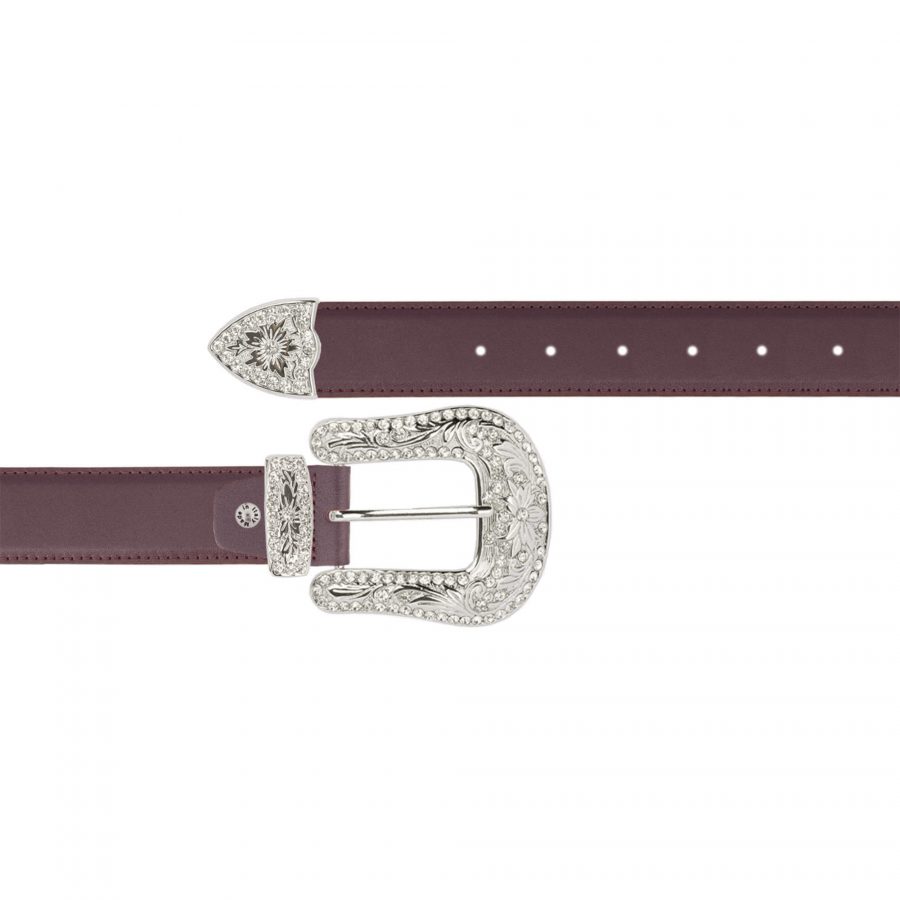 Burgundy leather western belt with rhinestone buckle 1
