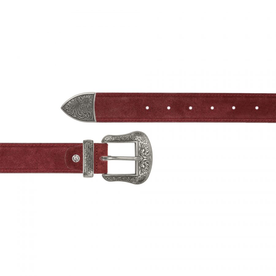 Burgundy suede designer cowboy belts with silver buckle 1