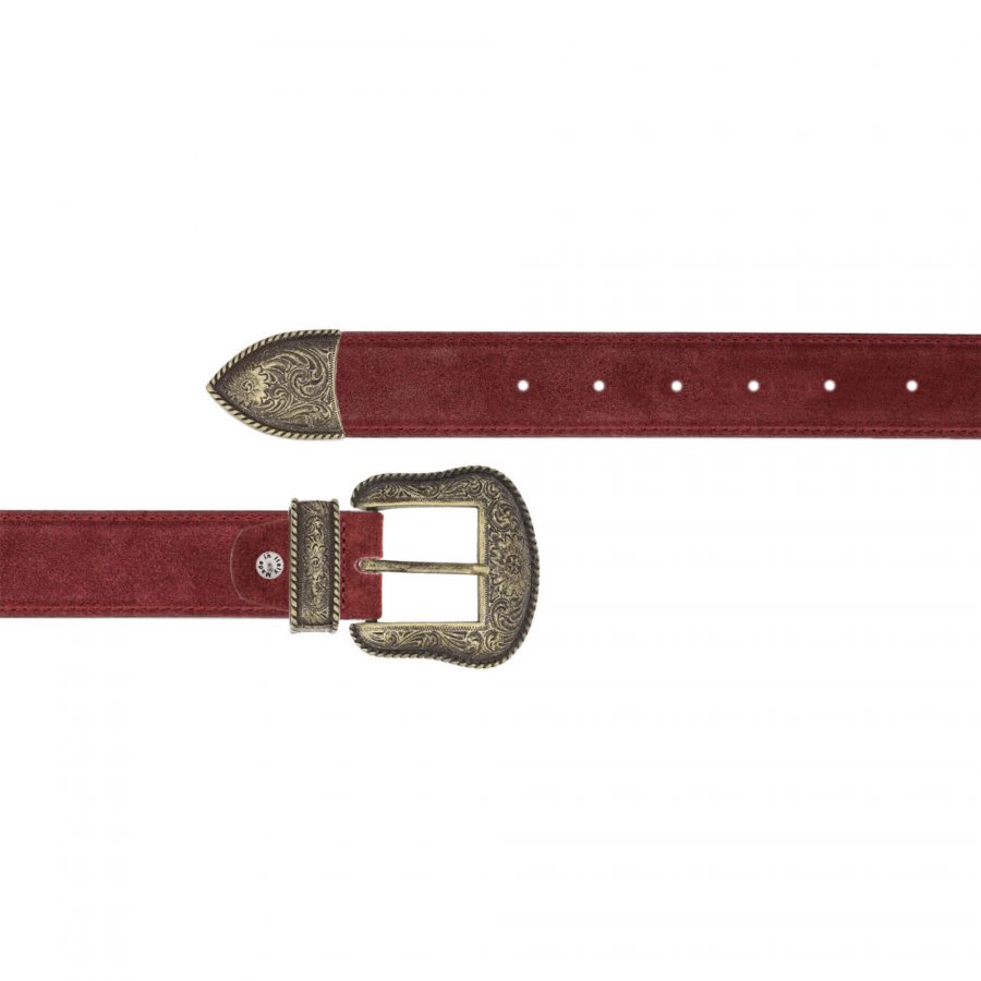 Burgundy suede handmade western belt with bronze buckle 1