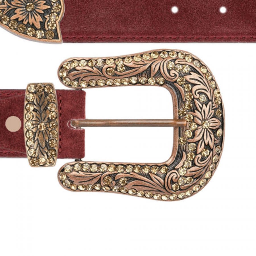 Burgundy suede western belt with copper rhinestone buckle copy