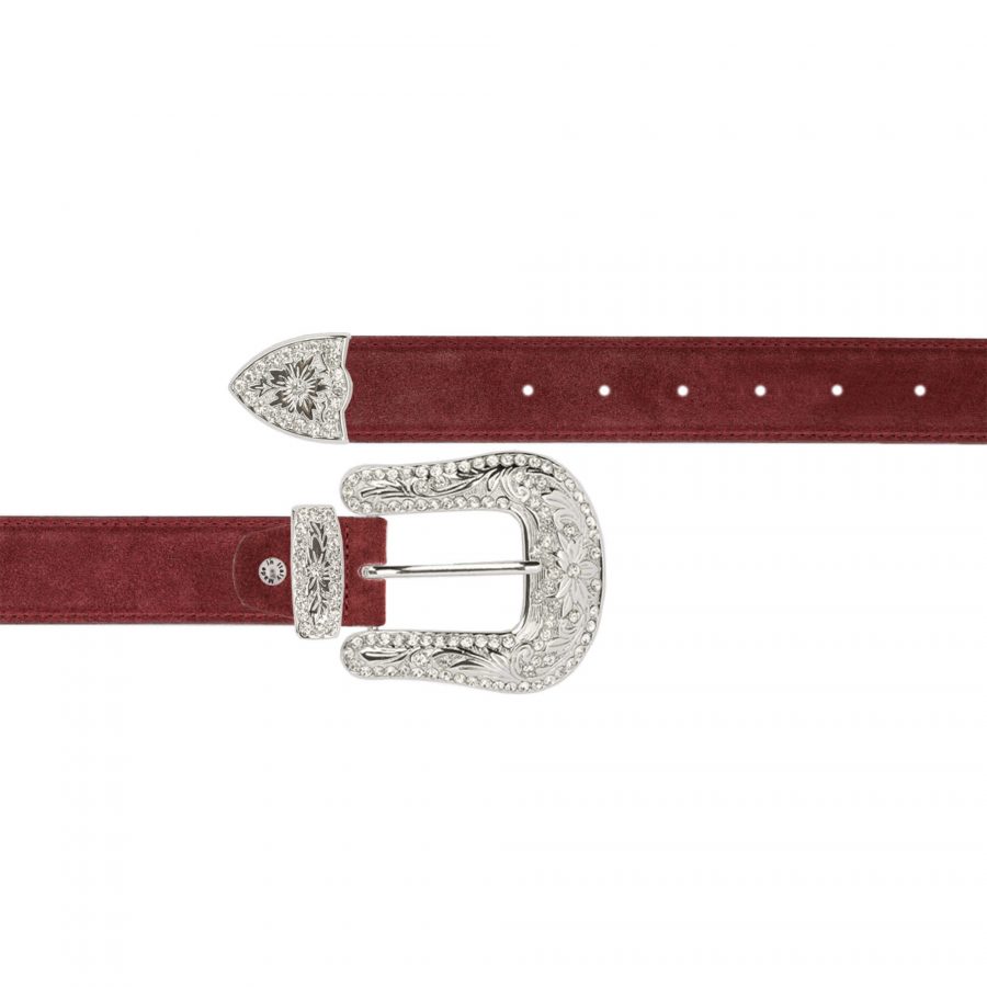 Burgundy suede western cowboy belts with bling buckle 1