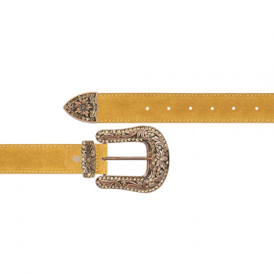 Camel suede cowboy belt with copper rhinestone buckle 1