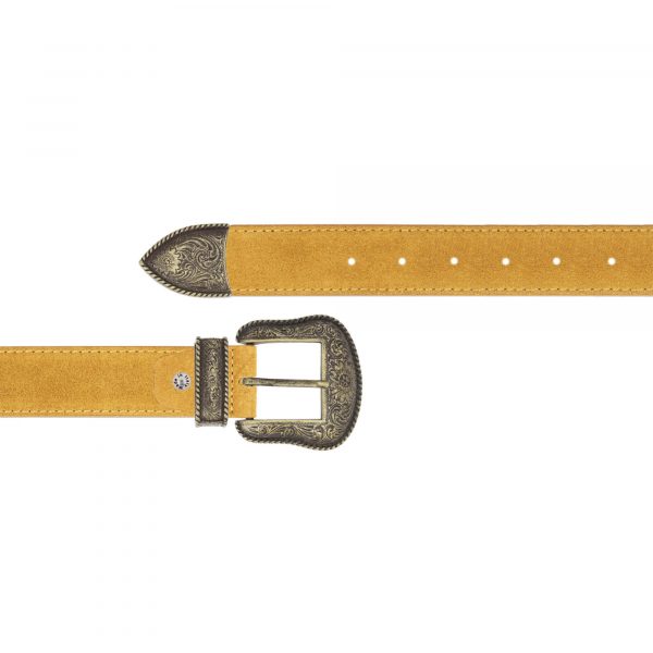 Camel suede cowboy western belt with antique gold buckle 1