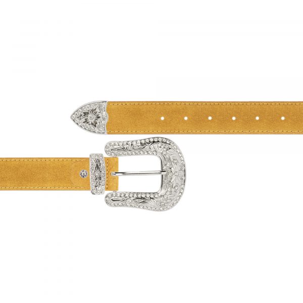 Camel suede designer cowboy belt with rhinestone buckle 1