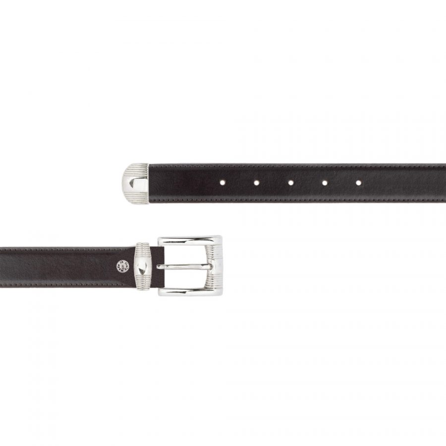 Dark brown leather belt with metal tip