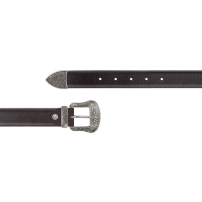 Dark brown leather cowboy belt with silver buckle