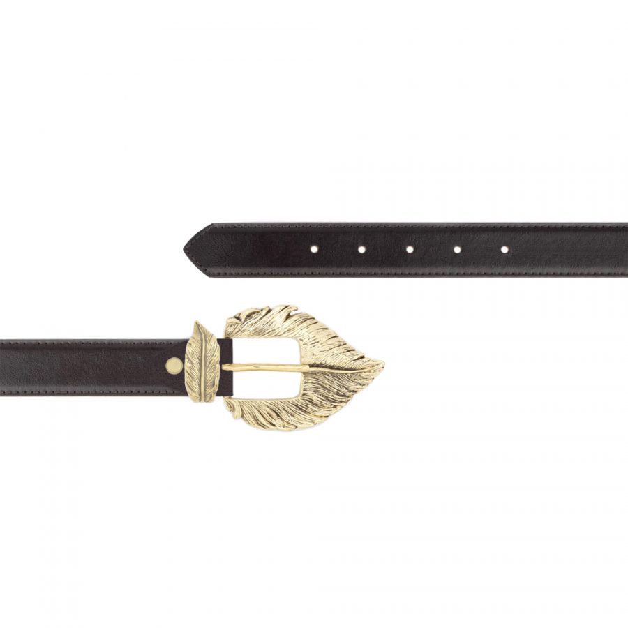 Dark brown womens belt with gold feather buckle