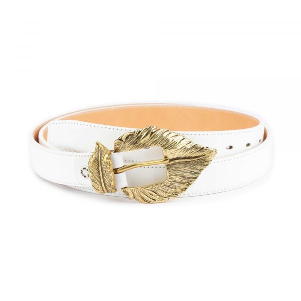 Ladies White Belt With Gold Feather Buckle 1