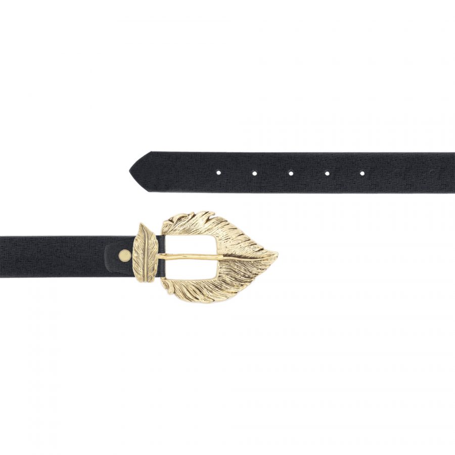 Ladies black saffiano leather belt with golden feather buckle