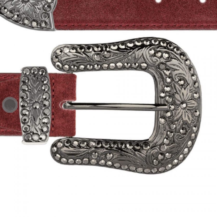 Ladies burgundy suede western belt with crystal buckle copy