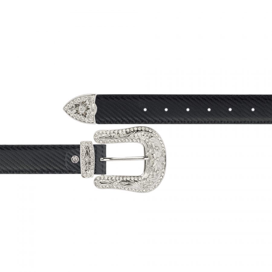 Ladies carbon print leather cowboy belt with rhinestone buckle 1