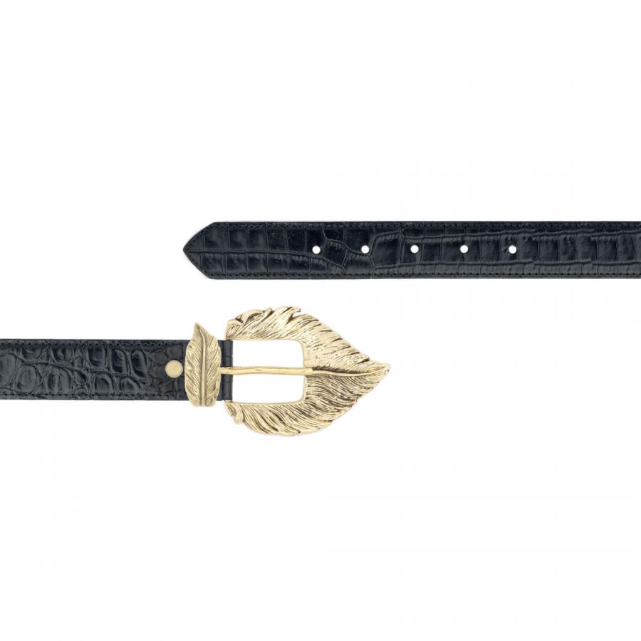 Ladies croco embossed belt with gold feather buckle