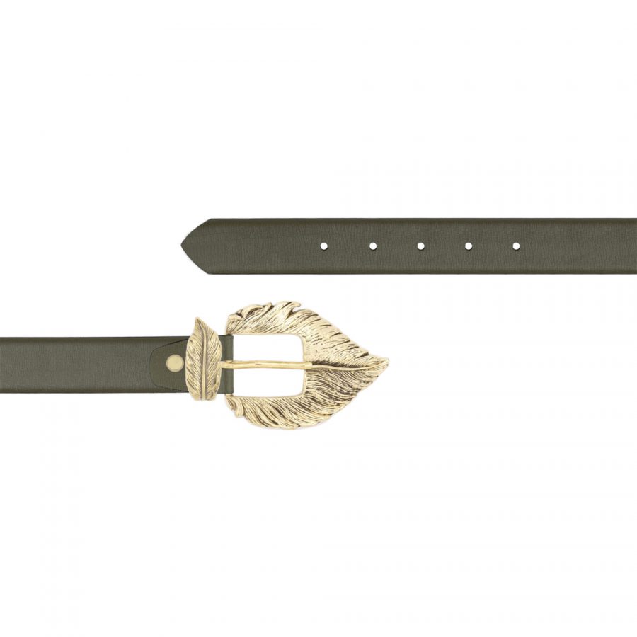 Ladies khaki green belt with gold feather buckle