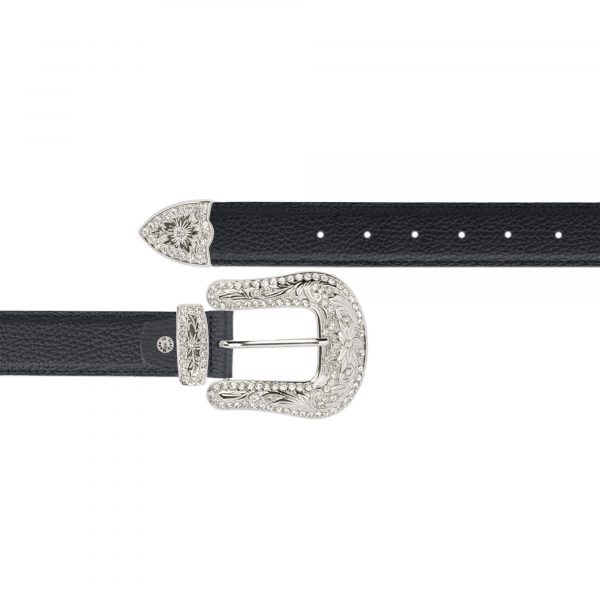 Lady black western belt with nickel silver crystal buckle 1