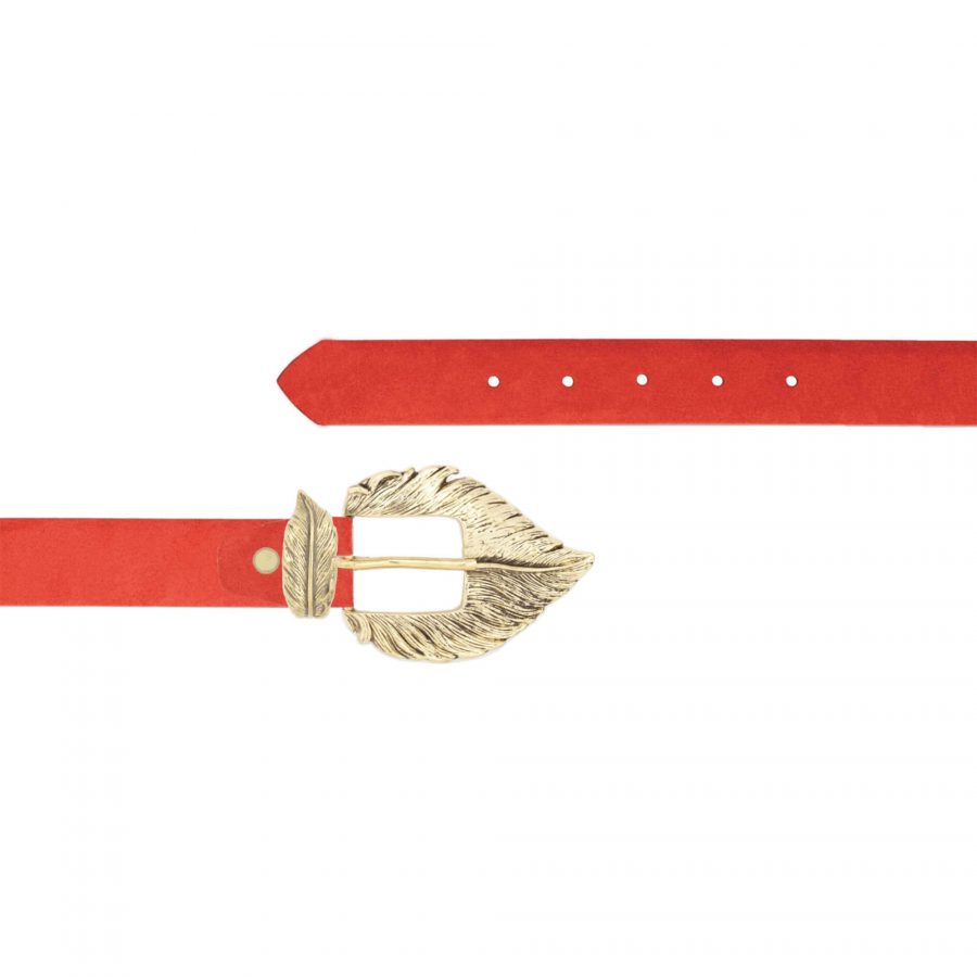 Lady red suede belt with gold feather buckle