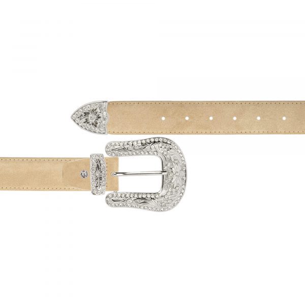 Lady western beige suede belt with rhinestone buckle 1