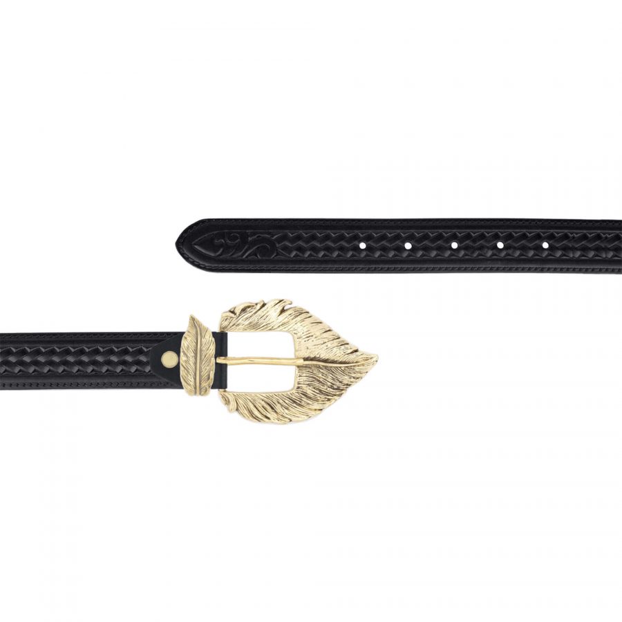 Tooled black womens belt with gold feather buckle