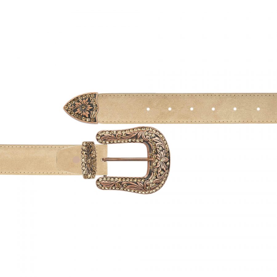 Western beige suede belt with copper rhinestone buckle 1