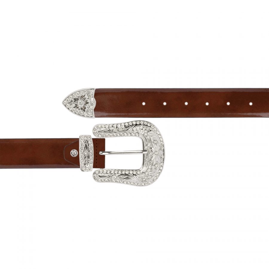 Western brown patent leather belt with rhinestone buckle 1