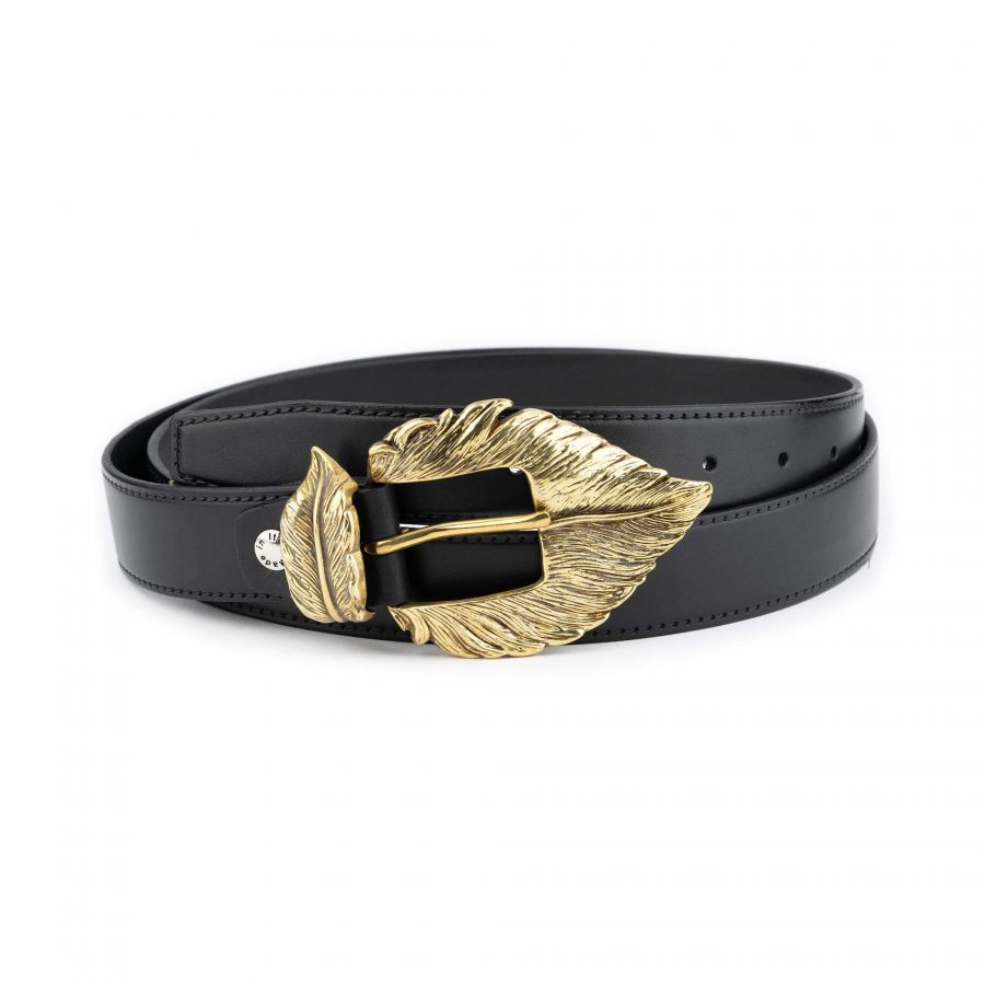 Womens Black Belt With Gold Feather Buckle 1