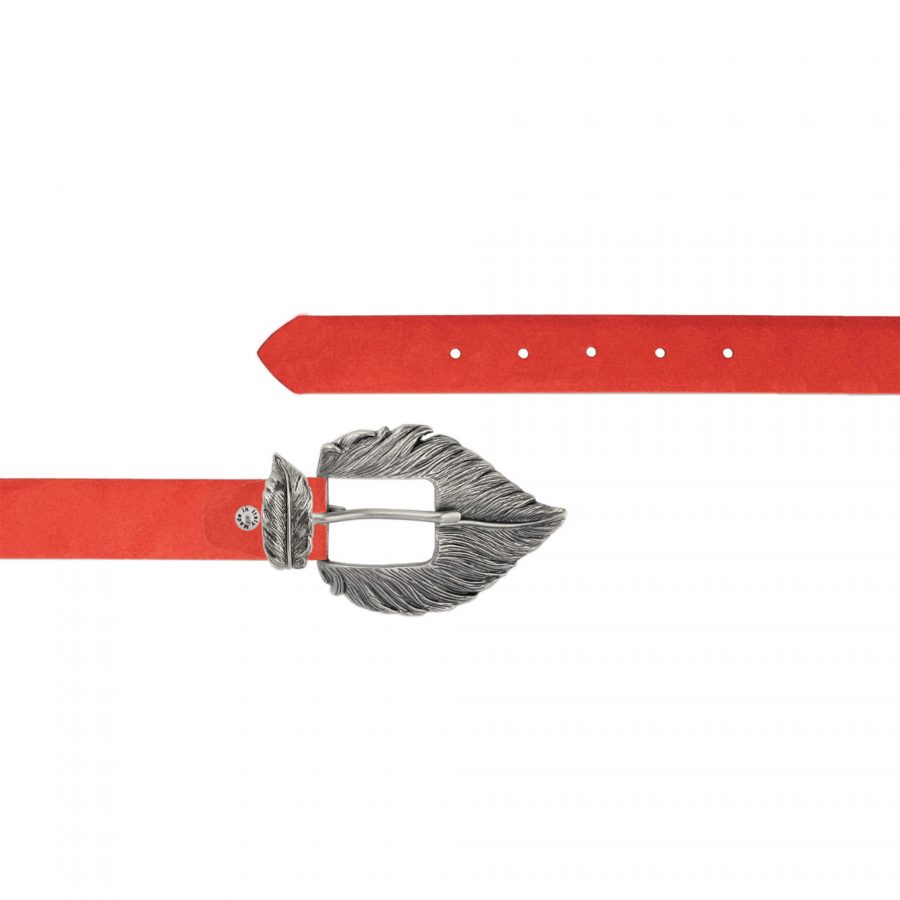 Womens Red suede belt with silver feather buckle