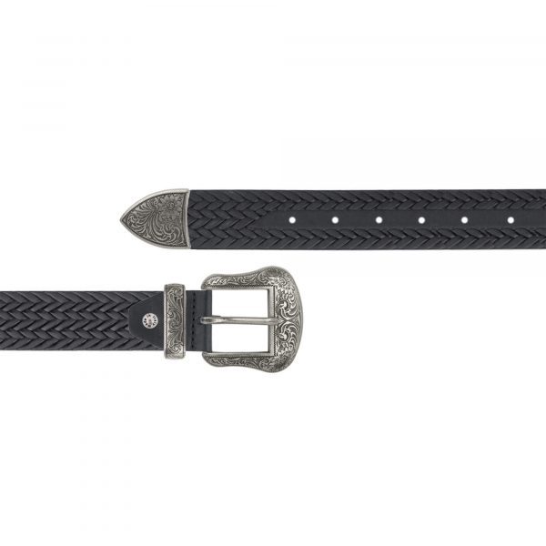 black embossed mens ranger belt with silver buckle 1