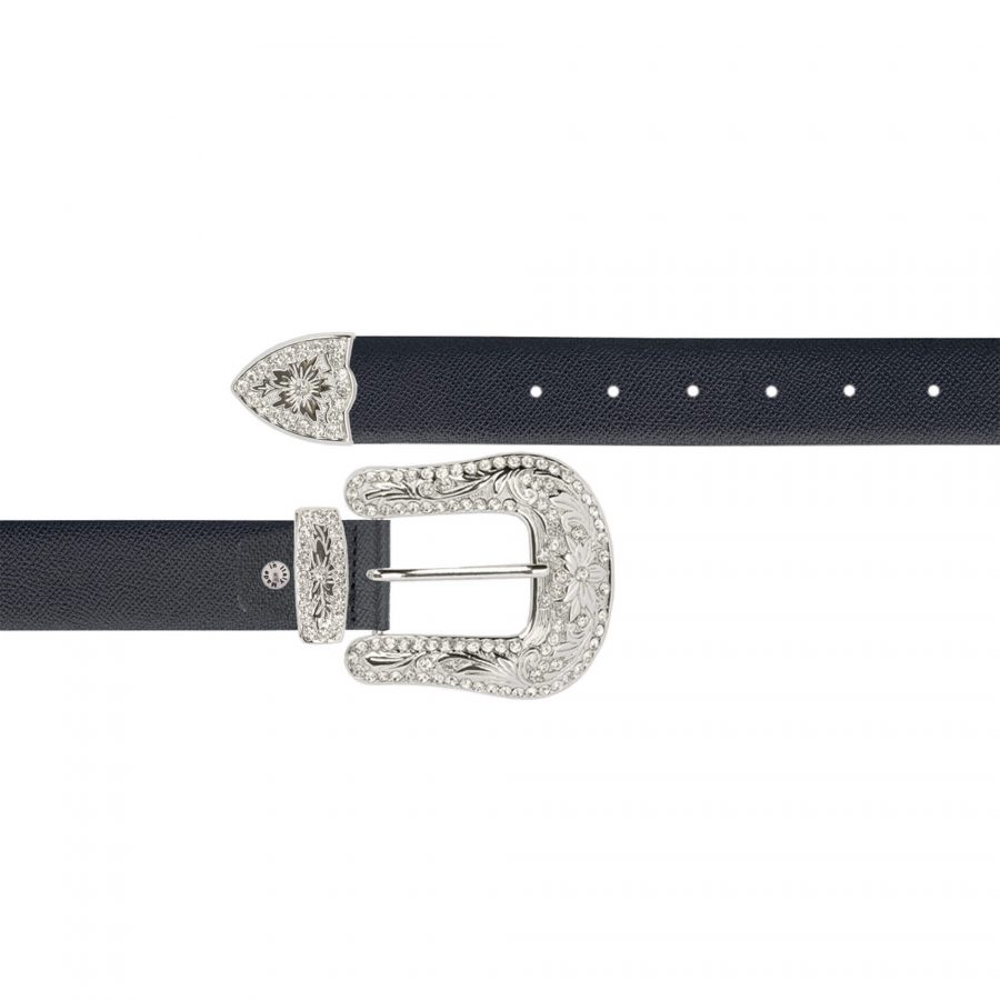 black saffiano leather cowgirl rhinestone buckle belt 1