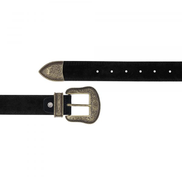 black suede leather cowboy belt with antique gold buckle 1