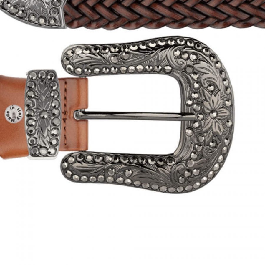brown braided western belt with black crystal buckle copy