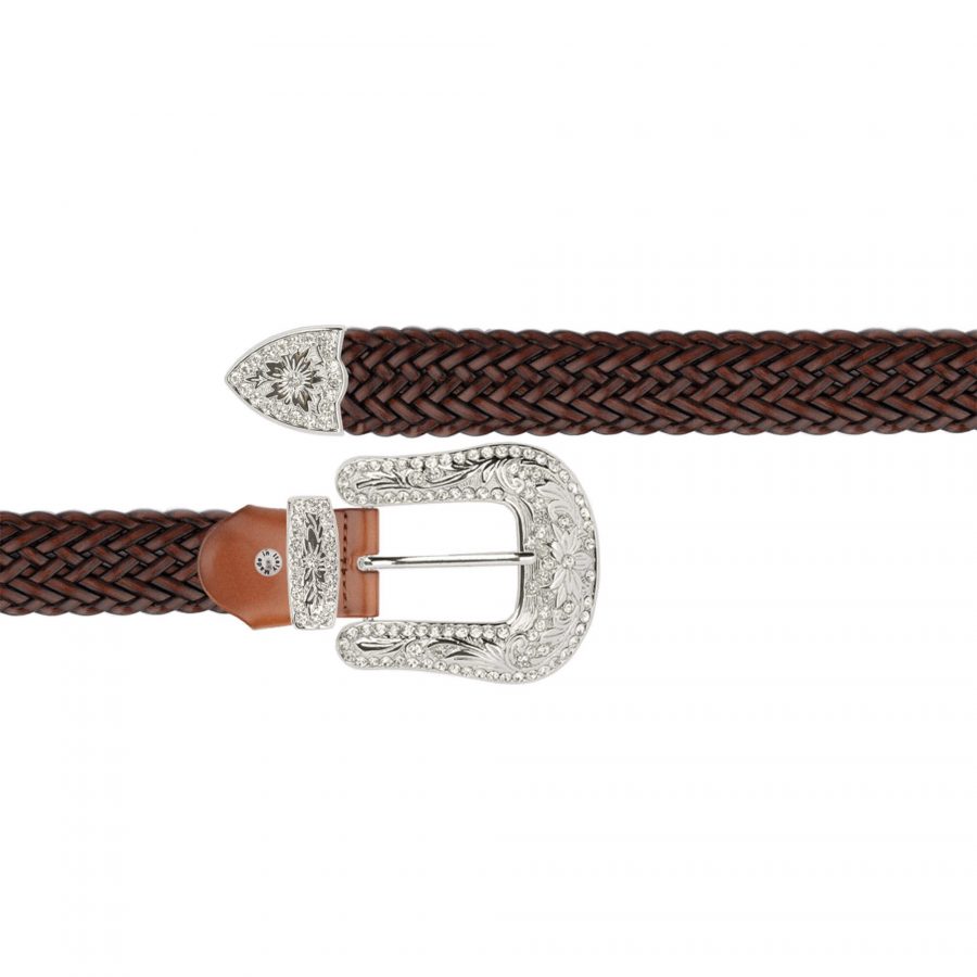 brown braided western belt with rhinestone buckle 1