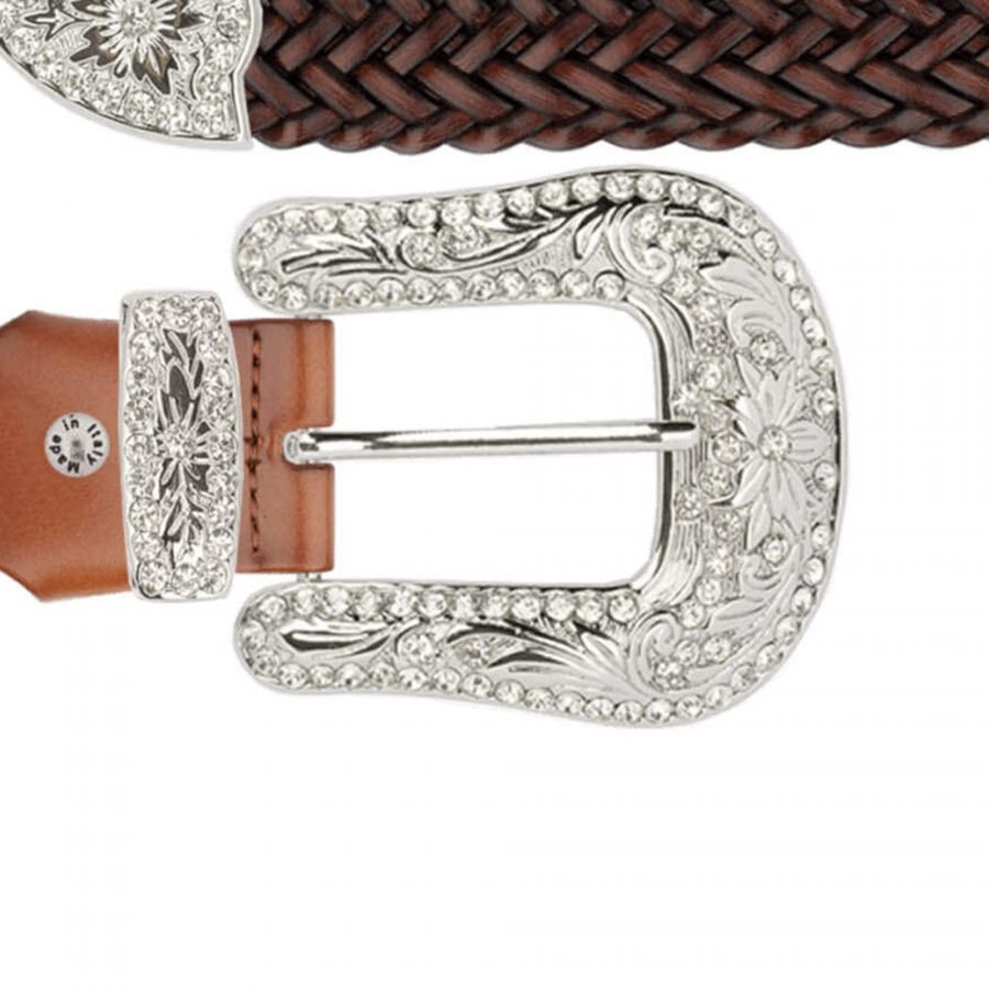 brown braided western belt with rhinestone buckle copy