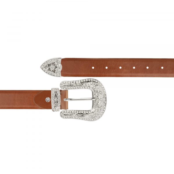 brown ladies western belt with rhinestone buckle 1