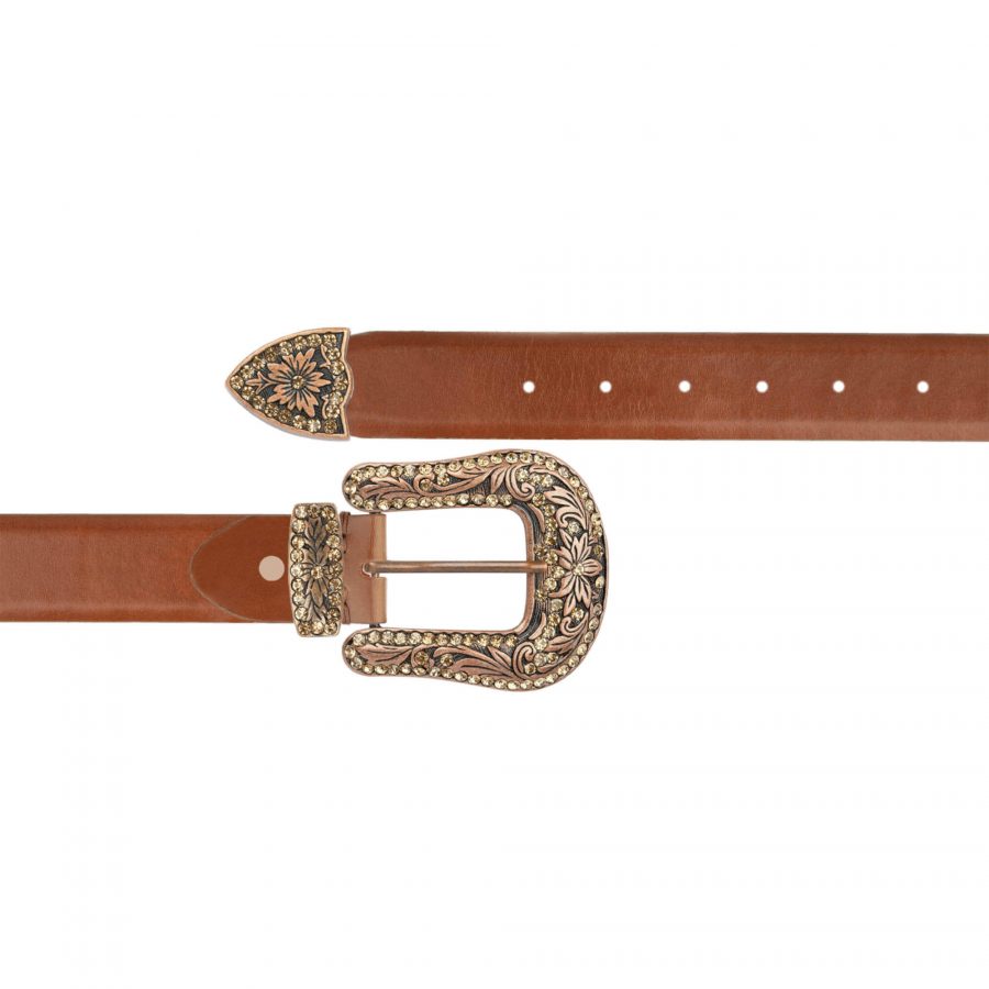 copper rhinestone buckle western belt brown leather 1