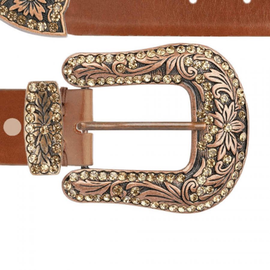 copper rhinestone buckle western belt brown leather copy