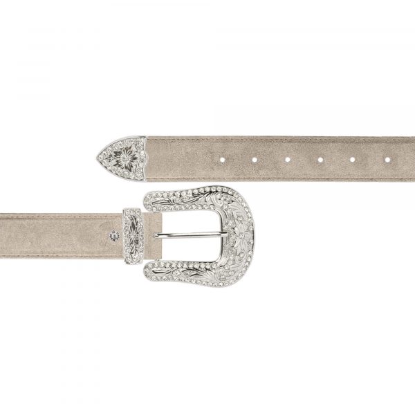 cowgirl crystal buckle belt taupe suede leather 1