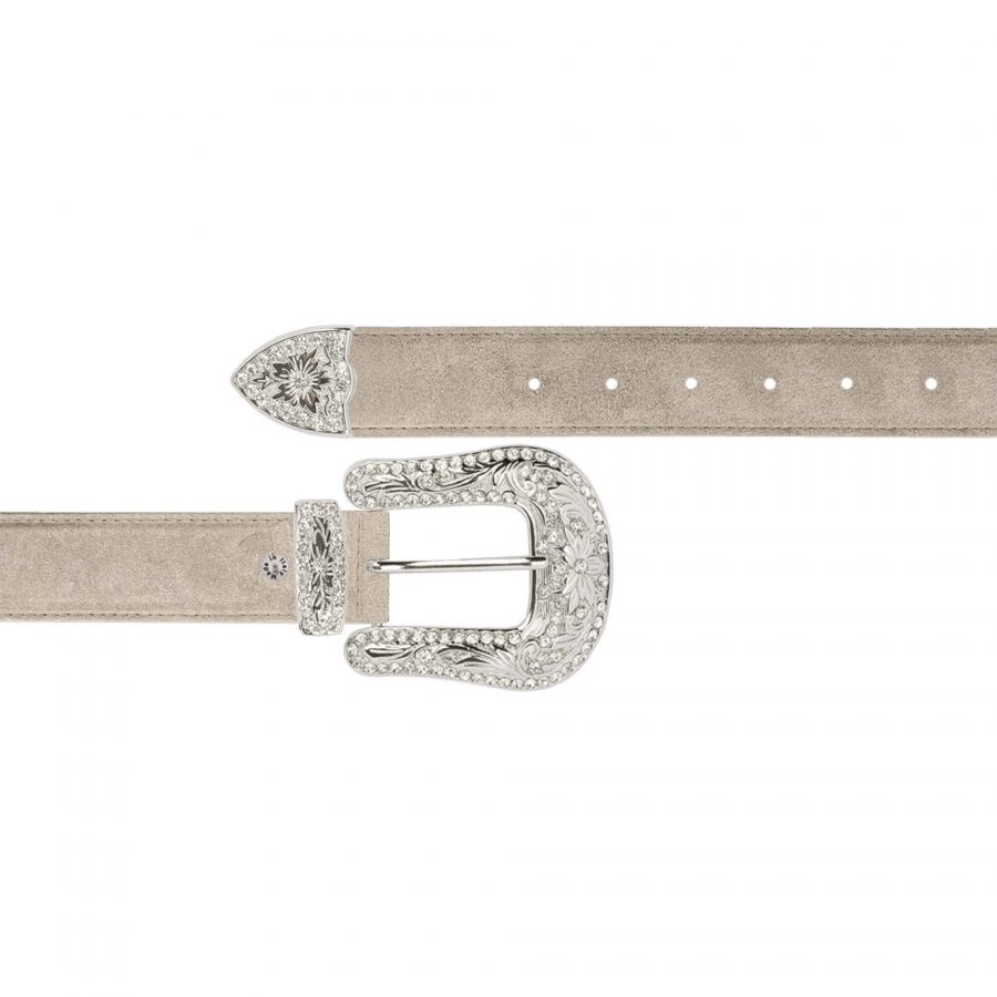 cowgirl crystal buckle belt taupe suede leather 1