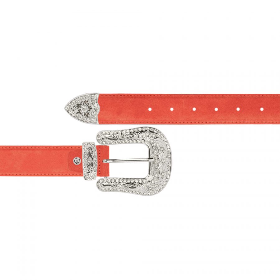 cowgirl rhinestone buckle belt red suede leather 1