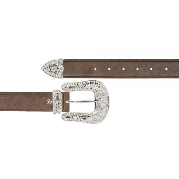 ladies cowboy taupe brown belt with crystal buckle 1