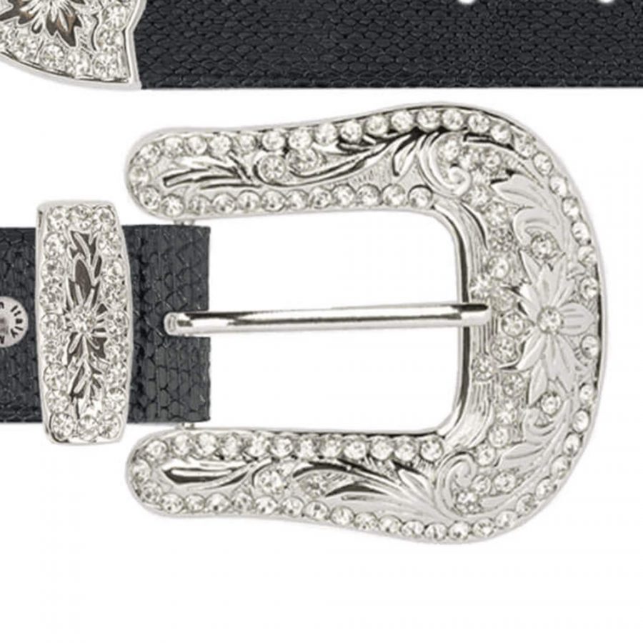 ladies western belts bling buckle black snake print leather copy