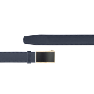 mens blue ratchet belt with golden buckle 1