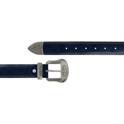 mens western dark blue patent leather belt with silver buckle 1