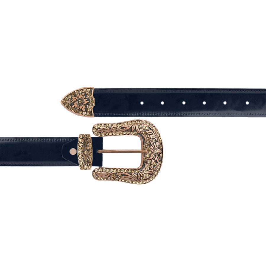 navy blue leatehr belt with brown copper rhinstone buckle 1