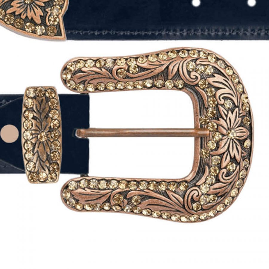 navy blue leatehr belt with brown copper rhinstone buckle copy