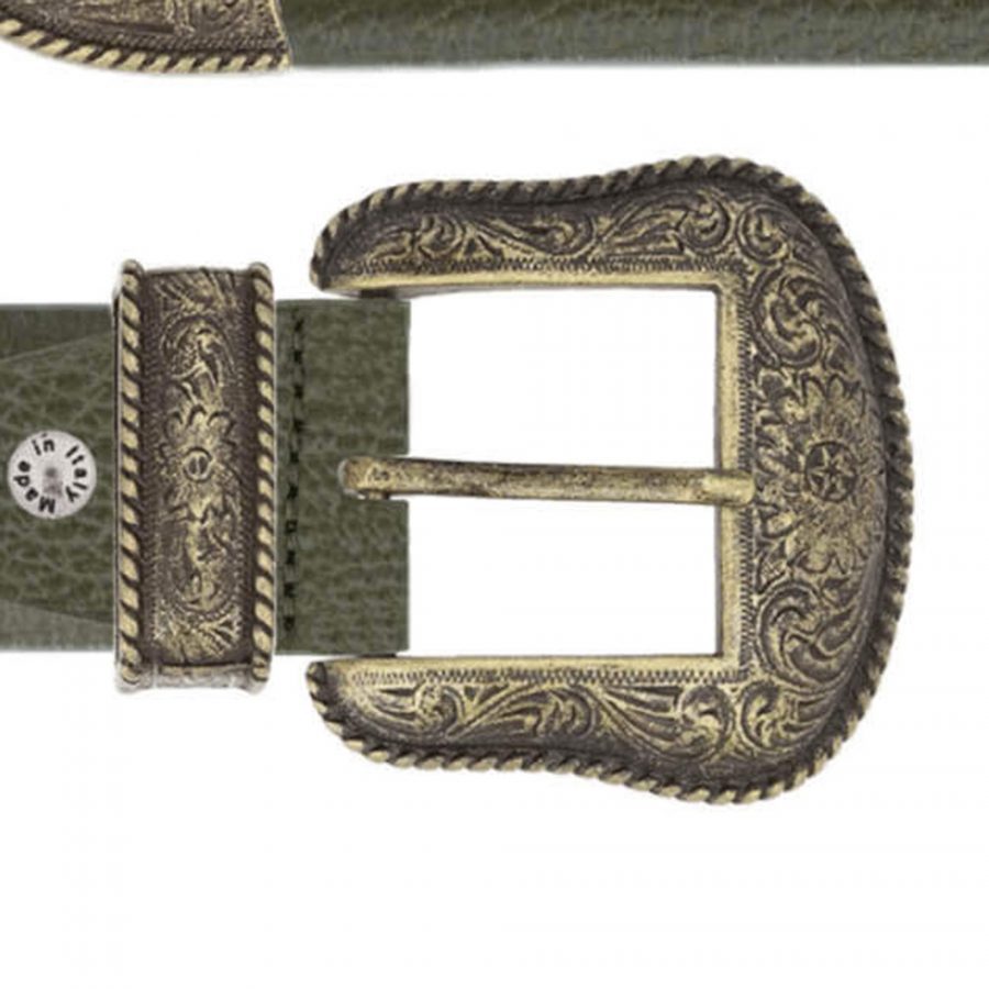olive green cowboy belt with antique gold buckle copy