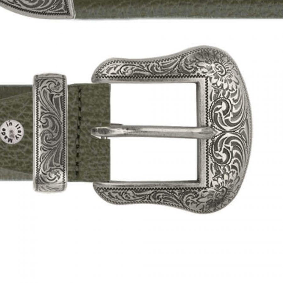 olive green western cowboy belt with silver buckle copy