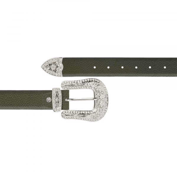 olive green womens western belt with rhinestone buckle 1